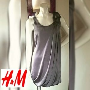 UNIQUE Silk Shift NeutralTaupe Cocktail Dress Black Bejeweled Epaulette Sz 2 (S)